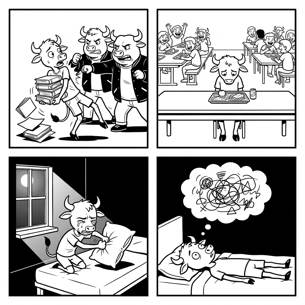 Comic: young Terry gets shoved around by bigger bulls at school, eats lunch alone, and cries himself to sleep at night