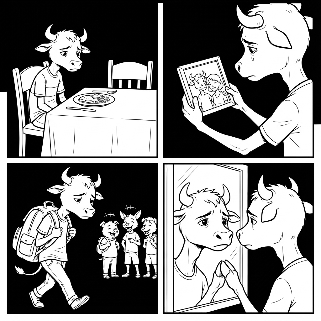 Comic: Terry sits alone at the dinner table, holds an old family photo, gets laughed at on the walk to school, and stares at himself in the mirror