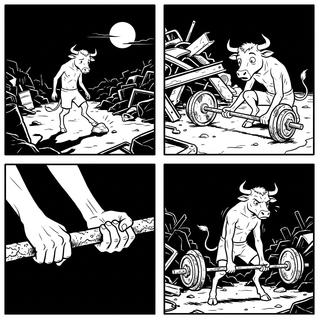 Comic: wandering a junkyard at night, Terry finds a rusty barbell in the scrap, grips the bar, and pulls his first rep