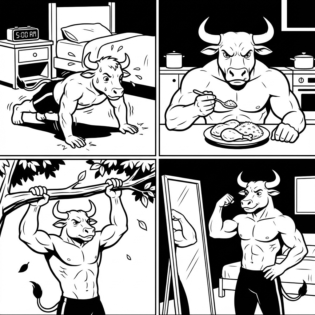 Comic: push-ups at 5:00 AM, big clean meals, pull-ups on a tree branch, and the first flex in the mirror