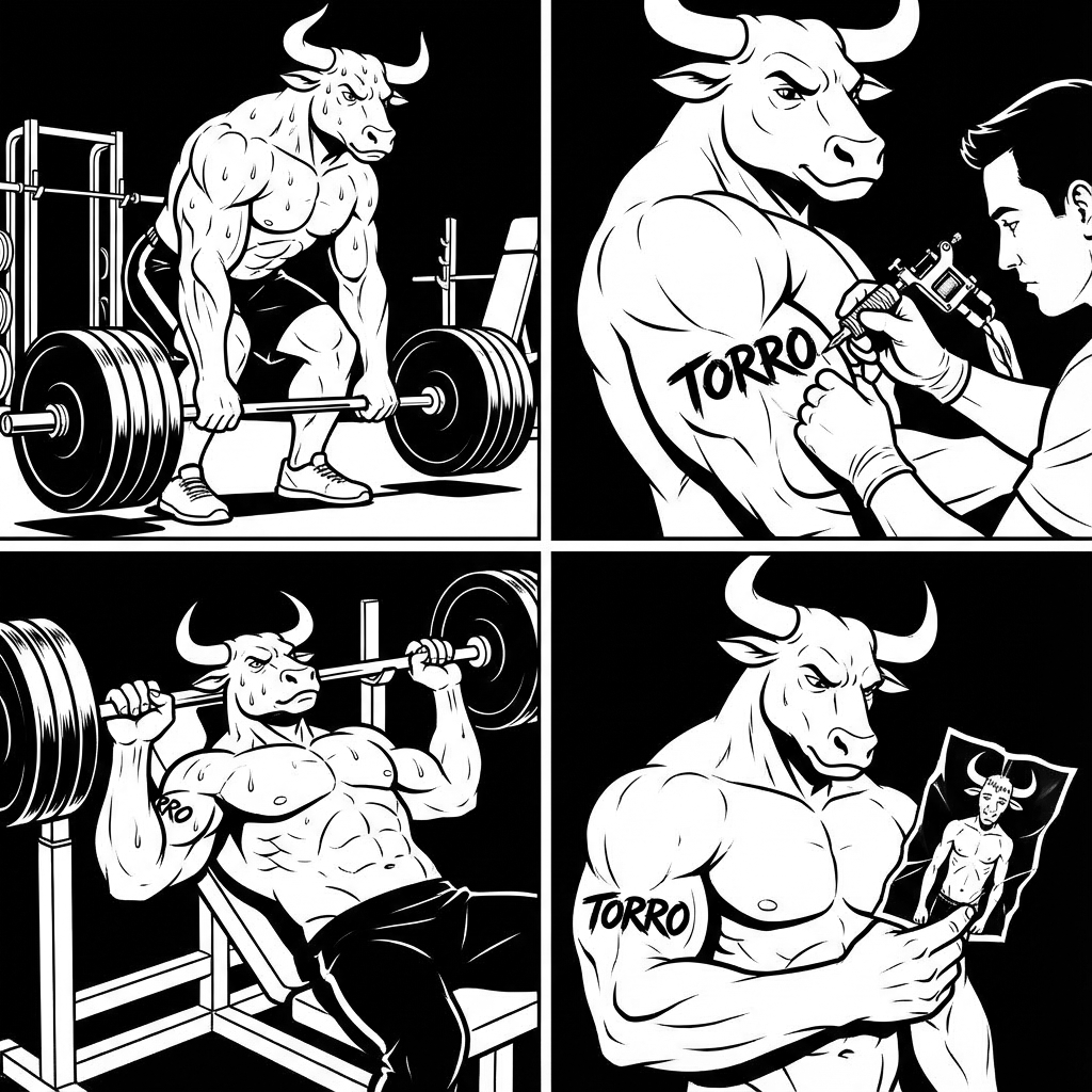 Comic: Terry deadlifts heavy in a real gym, gets the TORRO tattoo on his arm, presses under the bar, and looks back at a photo of his skinny younger self