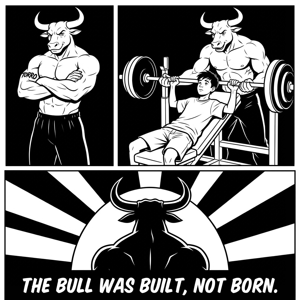 Comic: Terry stands arms crossed, spots a skinny kid on the bench press, and the final panel reads: the bull was built, not born